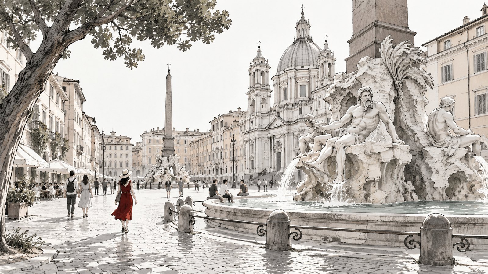 Illustration of a Roman square with a fountain and people walking